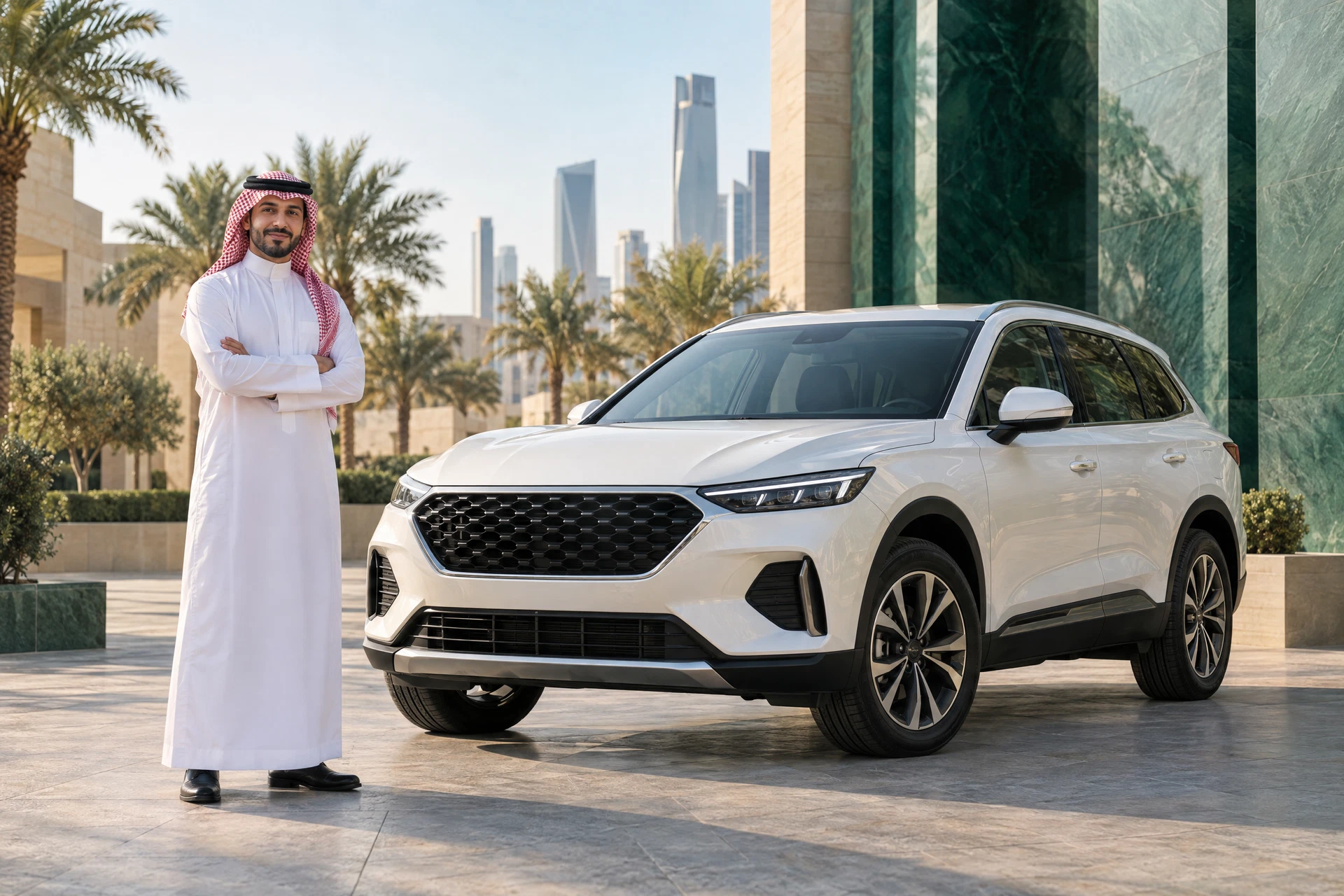 شخص سعودي بالثوب والشماغ يقف بجانب سيارة بيضاء حديثة في أجواء مدينة سعودية